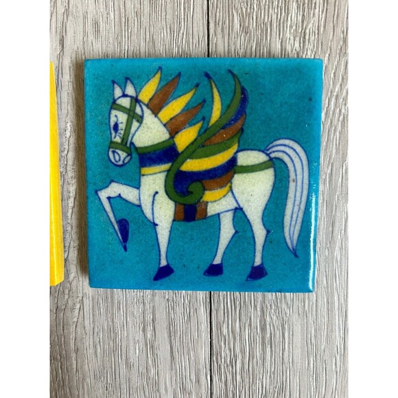 Miniature Indian Painted 3" Square Tiles Elephant & Winged Horse Pegasus Glossy - Picture 3 of 5